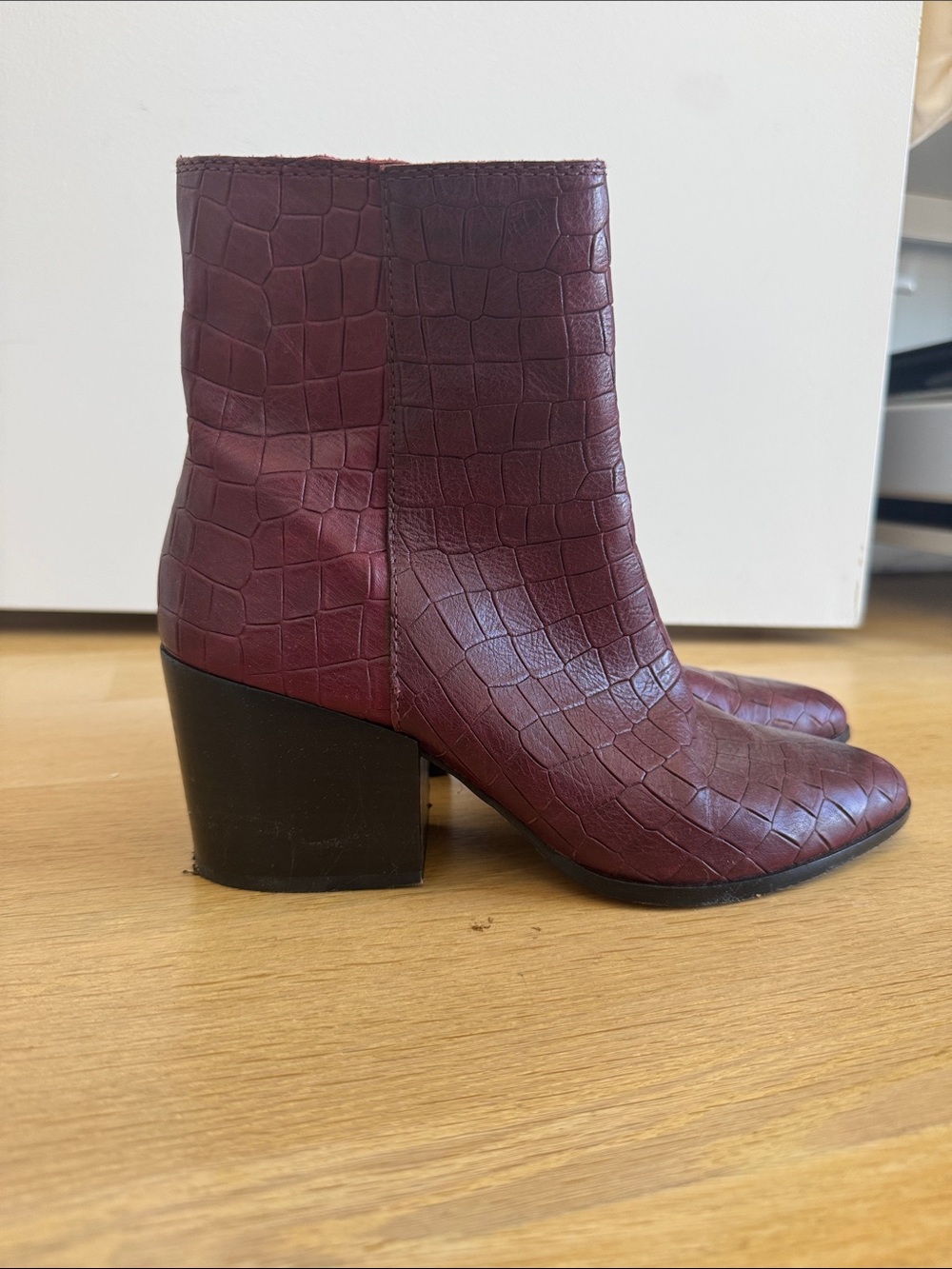 1. State Croc-Embossed Burgundy Ankle Booties